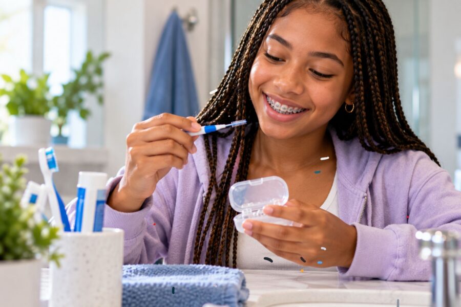 person with braces doing daily cleaning